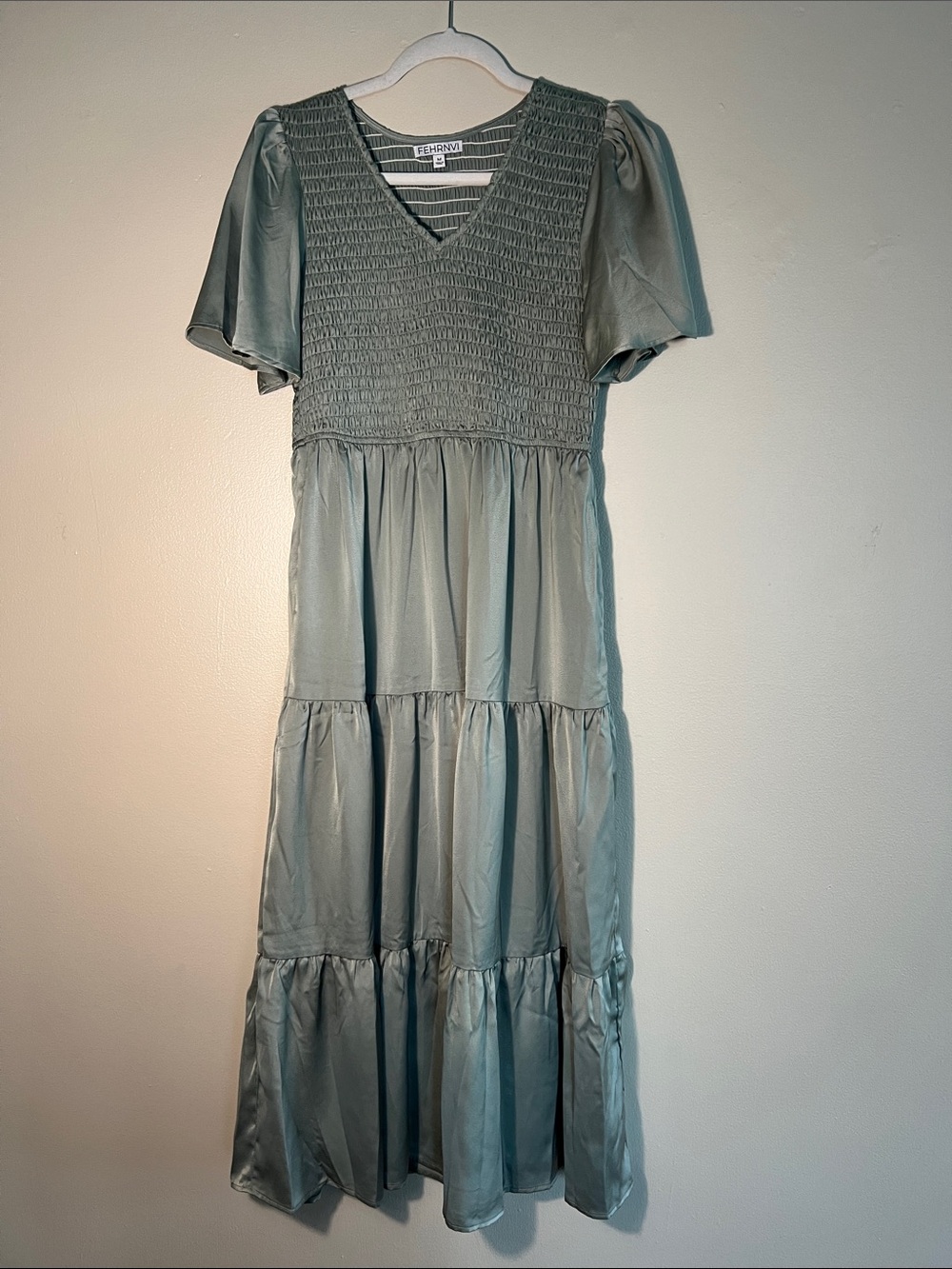 Sage Green-Blue Satin Midi Dress M